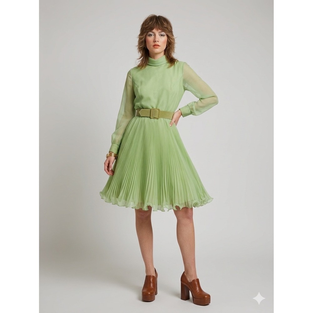 Vintage 70s Jack Bryan Pastel Green Chiffon‎ Pleated Midi Dress Mock Neck Belted